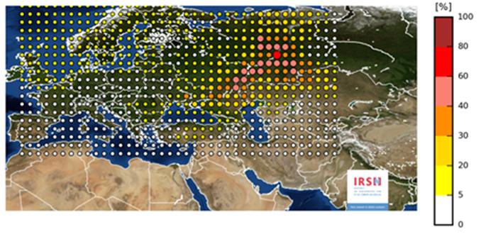 Map showing the plausibility of the origin of the release of Ru-106 in Europe in September 2017